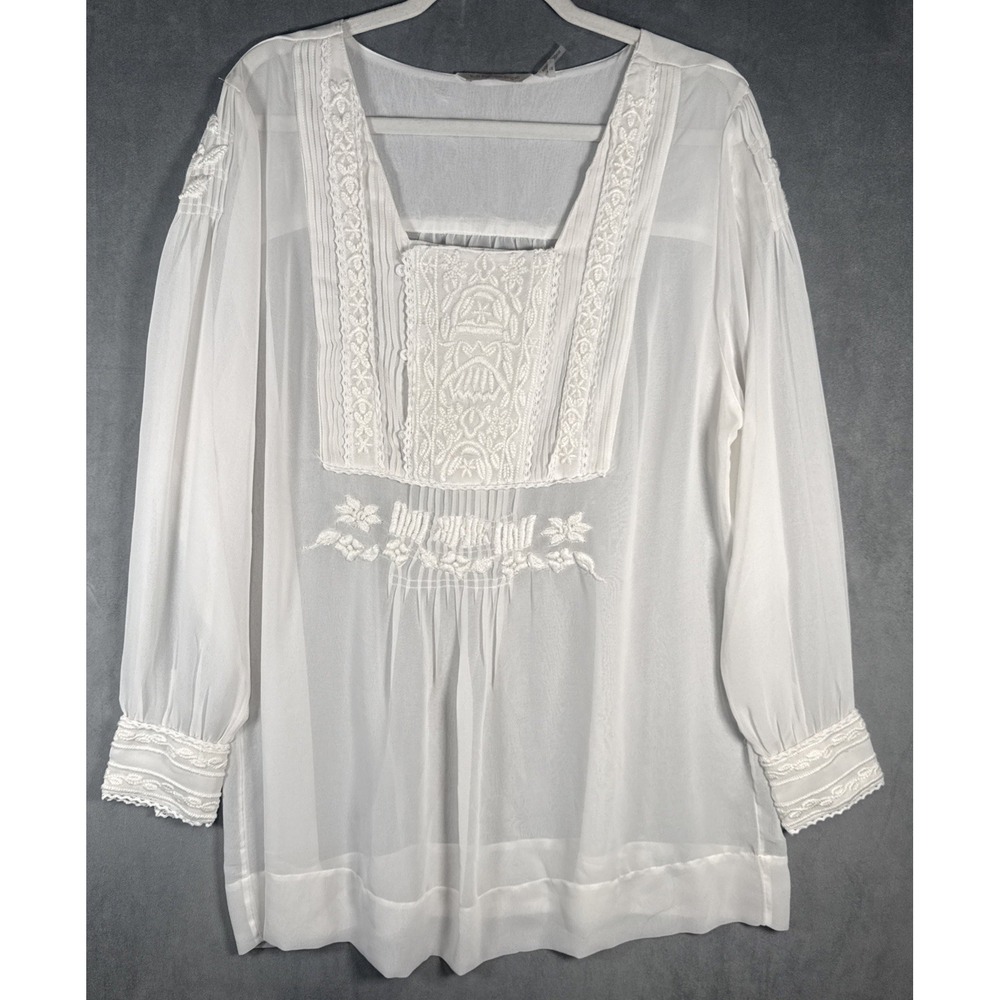 Soft Surroundings  Embroidered Boho Tunic Button Front Shirt Peasant Blouse 1X